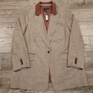 Talbots Women's Brown Houndstooth Plaid Blazer Jacket Size 18 Collar/Trim NWT